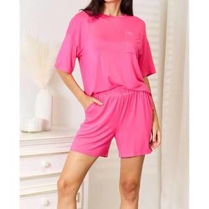 NEW BASIC BAE full size soft rayon half sleeve top and shorts set in hot pink